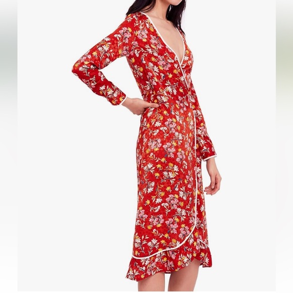 Free People covent garden floral wrap Vibrant Orange Floral Midi Dress - Picture 4 of 11